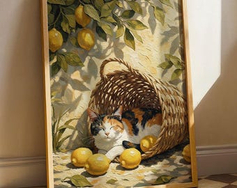 Impression d'art chat calicot panier citron – décoration murale cuisine méditerranéenne