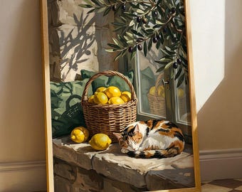 Poster Chat calicot endormi avec citrons et branches d'olivier