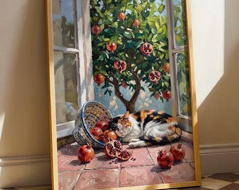 Art mural grenade méditerranéenne, impression d'art chat calicot, peinture verger italien rustique