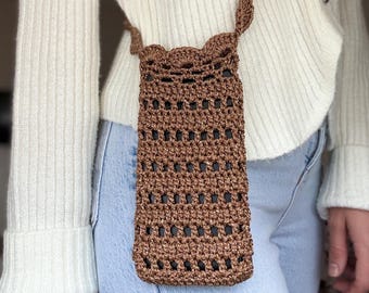 Sac pour téléphone au crochet bronze métallique - petit sac à main scintillant, pochette pour portable en tricot fait main