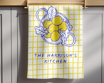 Linge de cuisine citron personnalisé, torchon avec nom de famille personnalisé, cadeau déco méditerranéen