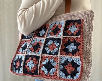 Sac fourre-tout carré grand-mère fait main, sac à main rétro au crochet, sac à main en tricot à motif vintage