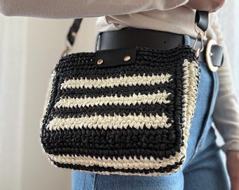 Sac à bandoulière en raphia rayé fait main, sac à main tissé au crochet, sac à main à bandoulière réglable