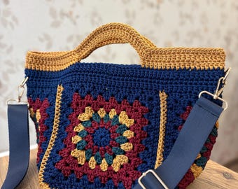 Grand-mère carrée au crochet, sac à main bohème, accessoire en tricot fait main, cadeau cottage pour elle