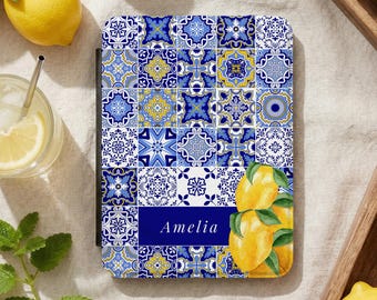 Funda personalizada para Kindle Paperwhite, con nombre personalizado y cubierta azul limón mediterráneo.