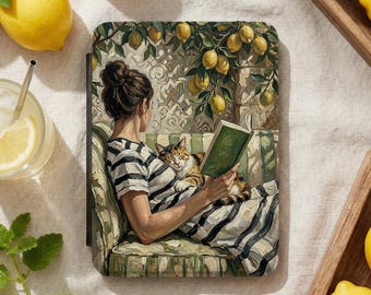 Funda para Kindle Paperwhite con diseño de gato calico, pintura al óleo de un huerto de limones, regalo ideal para amantes de los libros.