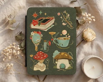 Funda para Kindle Paperwhite con diseño de estilo campestre y funda protectora para lector electrónico con diseño de seta mágica y libros originales.