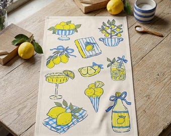 Pano de prato Amalfi Lemon, decoração de cozinha mediterrânea, pano de prato italiano de verão com inspiração costeira.