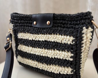 Bolsa de ombro artesanal listrada em ráfia, bolsa de crochê trançado, bolsa de mão com alça ajustável