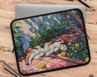 Étui chat calicot, housse MacBook citronnier, housse méditerranéenne pour ordinateur portable, cadeau pour les amoureux des animaux de compagnie