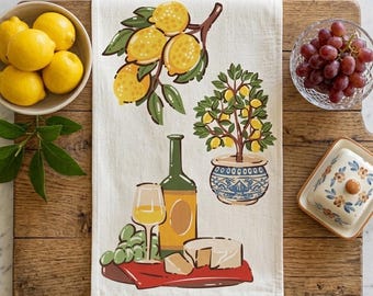 Paño de cocina mediterráneo para vino y queso, decoración de cocina, huerto de limones de Amalfi, mantelería de bar.