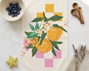 Torchon méditerranéen aux agrumes, décoration de cuisine orange et fruits jaunes, cadeau en coton