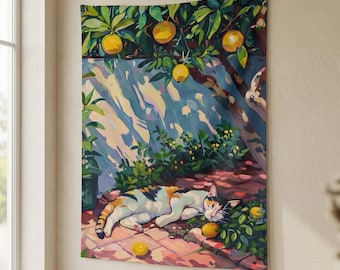 Tapisserie murale en calicot et citronnier, décoration de chambre botanique cottagecore