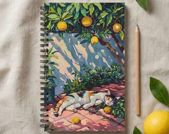 Carnet de notes chat calicot, journal citronnier, carnet à spirales méditerranéen, cadeau botanique