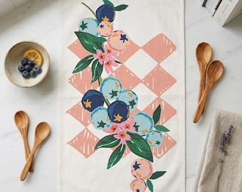 Blueberry Kitchen Towel, Mediterranean Orchard Series, Blue and Peach Checkered Tea Towel, Dopamine Decor Style