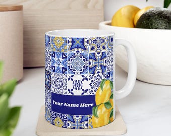 Taza de limón personalizada: taza de café con azulejos sicilianos, regalo con nombre personalizado