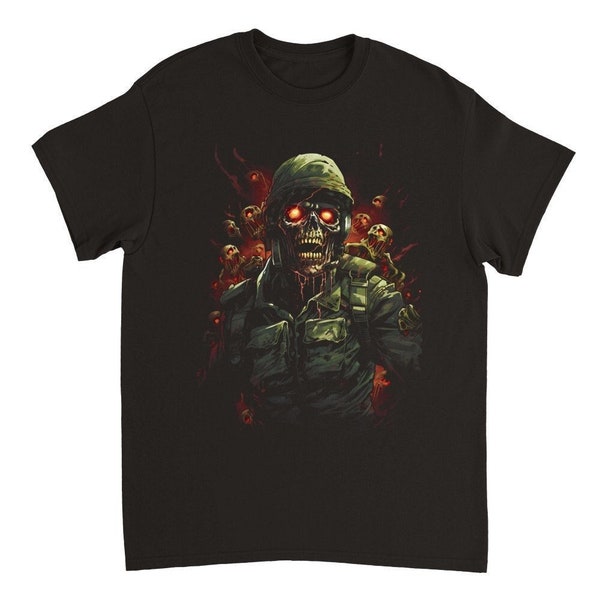 Zombie Soldat, Schwarzes Unisex T-Shirt mit Grafik Print, Bedrucktes T-Shirt, Metal, Gothic, Horror, Punk, Skelett T-Shirt, Geschenk für Ihn