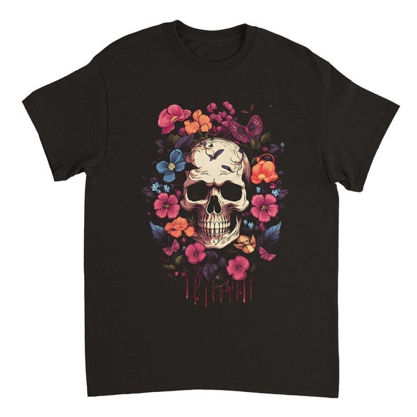 Totenkopf mit Blumen, Schwarzes Unisex T-Shirt mit Grafik Print, Bedrucktes T-Shirt, Skelett, Schädel, Memento Mori, Bunt, Geschenk für Ihn