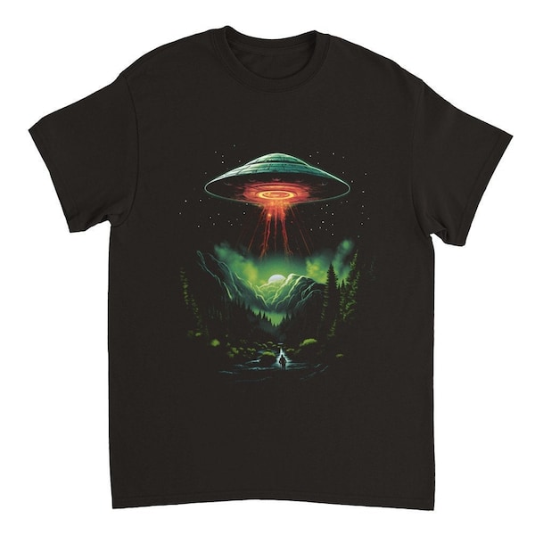 UFO im Sternenhimmel, Schwarzes Unisex T-Shirt mit Grafik Print, Bedrucktes T-Shirt, Alien, Außerirdischer, Raumschiff, Geschenk für Ihn