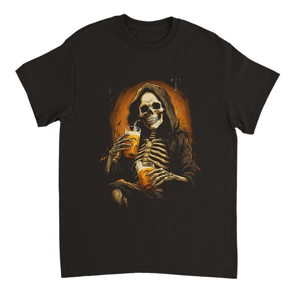 Skelett mit Bier, Schwarzes Unisex T-Shirt mit Grafik Print, Bedrucktes T-Shirt, Bier, Party, Alkohol,  Lustiges T-Shirt, Geschenk für Ihn
