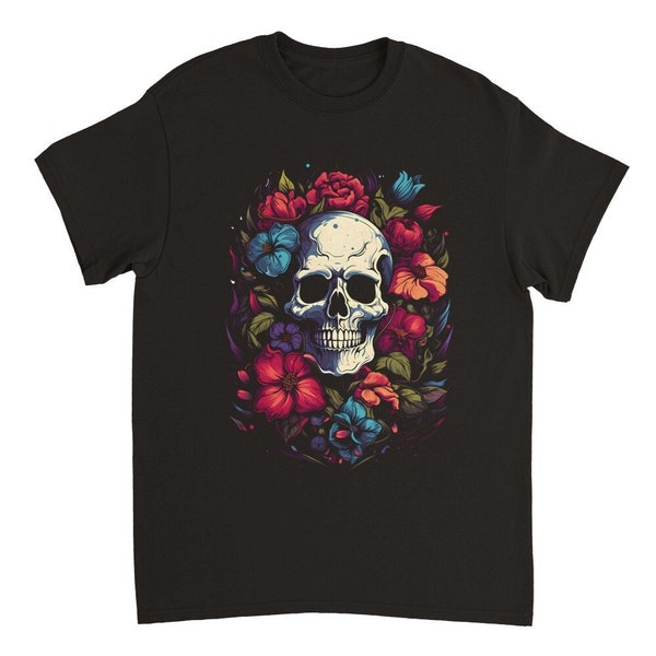 Totenkopf zwischen bunten Blumen, Schwarzes Unisex T-Shirt mit Grafik Print, Bedrucktes T-Shirt, Skelett, Schädel, Streetwear, Geschenk