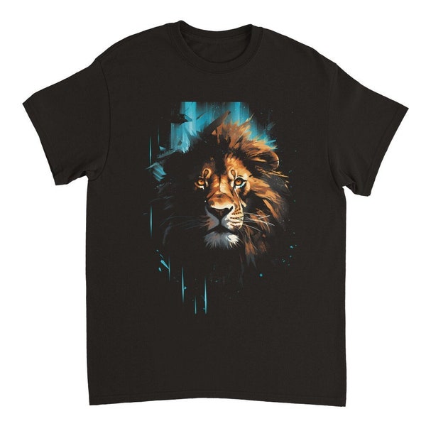 Löwe, Schwarzes Unisex T-Shirt mit Grafik Print, Bedrucktes T-Shirt, Tier Grafik, König des Dschungels, Raubtier, Tierwelt, Geschenk für Ihn