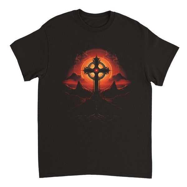 Kreuz im Sonnenuntergang, Schwarzes Unisex T-Shirt mit Grafik Print, Bedrucktes T-Shirt, Gothic, Glaube, Religion T-Shirt, Geschenk für Ihn