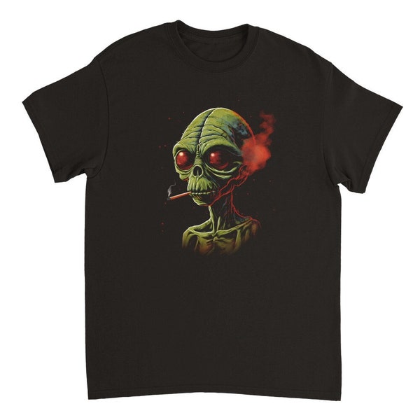 Alien mit Zigarette T-Shirt - Schwarzes Baumwolle T-Shirt mit Alien mit Zigarette Motiv - Extraterrestrisches Style-Statement für Sci-Fi Fan