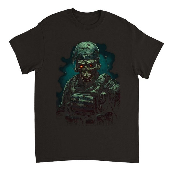 Zombie Soldat, Schwarzes Unisex T-Shirt mit Grafik Print, Bedrucktes T-Shirt, Metal, Gothic,Punk, Skelett T-Shirt, Geschenk für Ihn