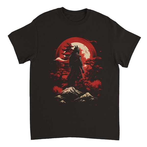 Samurai vor Sonnenuntergang, Schwarzes Unisex T-Shirt mit rotem Grafik Print, Bedrucktes T-Shirt, Krieger, Kämpfer, Geschenk für Ihn