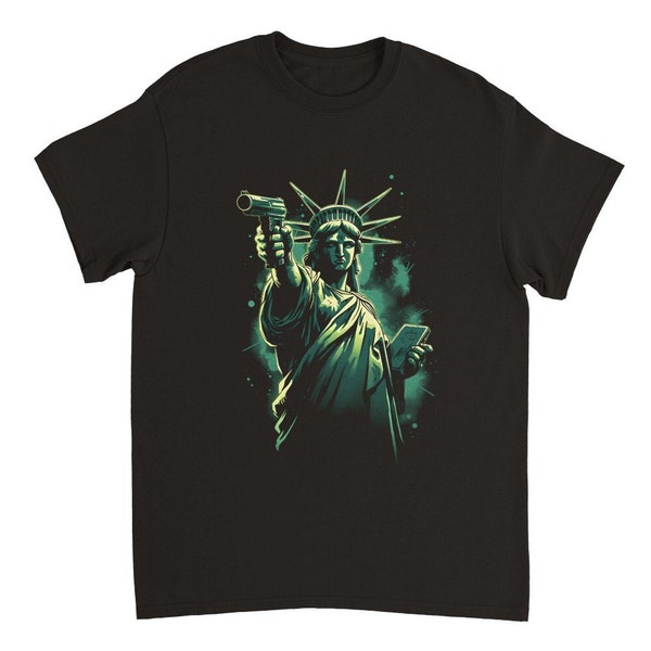 Freiheitsstatue mit Pistole, Schwarzes Unisex T-Shirt mit Grafik Print, Bedrucktes T-Shirt, USA, Freiheit, Waffen, Patriot, Geschenk für Ihn