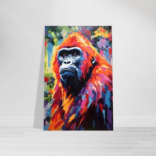 Affe Wandbild, Pop Art Leinwand, Gorilla Alu Druck, Tiere Poster, Bunter Kunstdruck, Wildnis, Natur, Affe, Geschenk für ihn, Geschenkidee