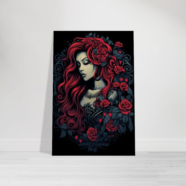 Goth Mädchen Wandbild, Rosen Alu Druck, Cooles Poster, Horror Kunstdruck, Wandkunst, Geburtstagsgeschenk, Geschenkidee, Weihnachtsgeschenk