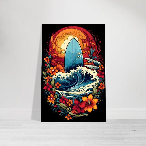 Surfen buntes Aluminium Poster, Wellen Alu Druck, Surfbrett Wandbild, Tropischer Kunstdruck, Buntes Poster Urlaub, Metal, Weihnachtsgeschenk