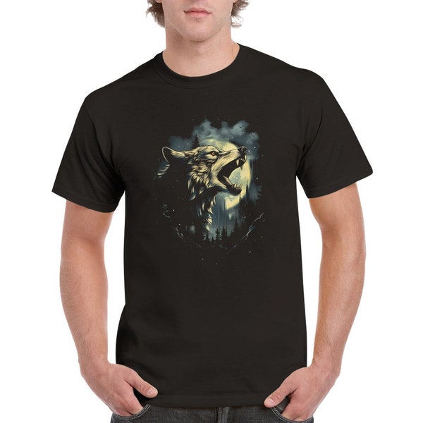 Heulender Wolf T-Shirt - Schwarzes Baumwolle T-Shirt mit Heulendem Wolf Motiv - Mystisches Design für Tierliebhaber und Naturfreunde