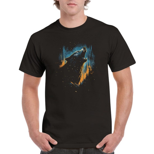 Heulender Wolf T-Shirt - Schwarzes Baumwolle T-Shirt mit wildem Heulendem Wolf Motiv - Naturinspiriertes Design, Tierliebhaber, Unisex