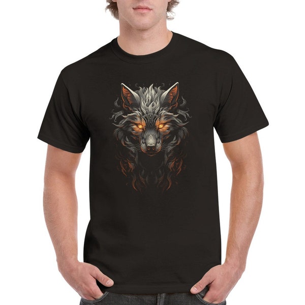 Mystischer Wolf T-Shirt - Mystischer Wolf Motiv auf Schwarzem Baumwolle T-Shirt - Einzigartiges Design für Natur- und Tierliebhaber