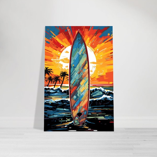 Surfbrett Wandbild, Pop Art Leinwand, Surfen Alu Druck, Ozean Poster, Bunter Kunstdruck, Urlaub, Wellen, Freizeit Geschenk für ihn, Geschenk