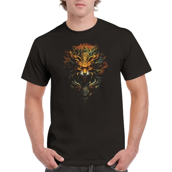 Fuchsgott T-Shirt - Schwarzes Baumwolle T-Shirt mit Fuchs Motiv - Mystisches Design, Mythologie, Natur, Fuchsgeist, Fox, Männer und Frauen