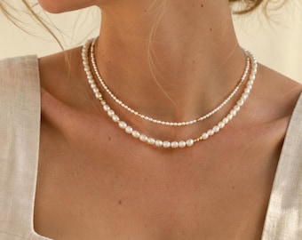 Layered Freshwater Pearl Necklace Set, 2-in-1 Double Strand Bridal Jewelry
