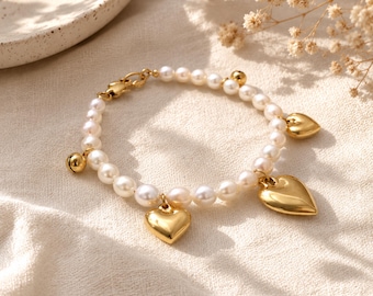 Freshwater Pearl Bracelet with Gold Heart Charms, Dainty Minimalist Jewelry