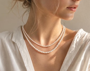 Doppel Strang Süßwasser Perlen Halskette, Layered Choker, Minimalistischer Brautschmuck