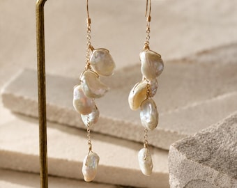 Pendientes modernos de perlas, colgantes largos de oro, joyería minimalista francesa, regalo para ella.