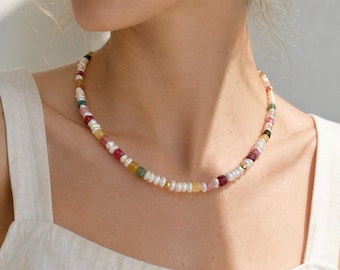 Freshwater Pearl Multicolor Gemstone Choker, Handstrung Beaded Necklace, Colorful Stone Jewelry