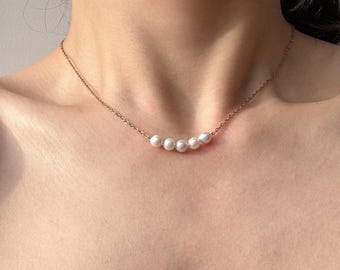 Minimalist Freshwater Pearl Necklace, Dainty Pearl Chain Necklace, Bridal Pearl Jewelry, Layering Necklace, Gift for Her, Gold or Silver