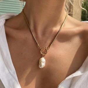 Pendentif Perle Baroque, Chaîne Serpent Acier Inoxydable Doré, Cadeau Femme
