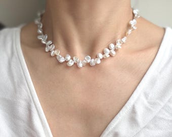 Handmade White Freshwater Pearl Petal Necklace: Wedding Jewelry, Gift for Women