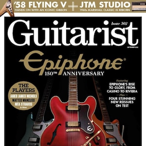May include: A magazine cover featuring three electric guitars, a red Epiphone Casino, a blue Epiphone Casino, and a gold Epiphone Riviera. The magazine is titled "Guitarist" and features the text "Epiphone 150th Anniversary".