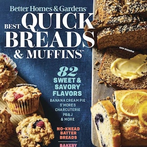 May include: A magazine cover featuring a blue background with the title "Best Quick Breads & Muffins". The cover features a variety of breads and muffins, including a blueberry-orange poppy seed bread, a quick seed bread, and a variety of bakery-style muffins.
