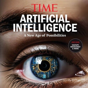 Puede incluir: Primer plano de un ojo humano con un patrón de placa de circuito en el iris. La imagen es de la portada de la revista TIME con el título "Inteligencia artificial: una nueva era de posibilidades".